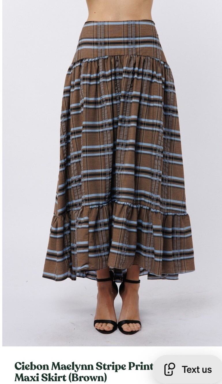 CIEBON Plaid Stripe Tiered Maxi Skirt Brown Light Blue Sz M Boho Cottagecore